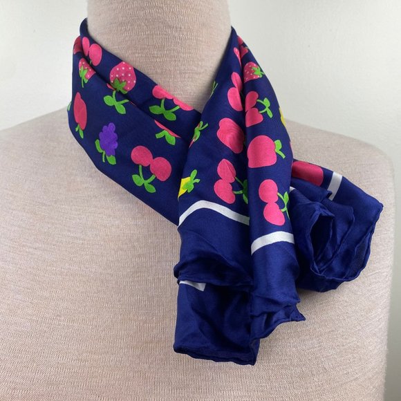 Vintage Navy Blue Bold Fruit Print Scarf Square 26" X 26" - Picture 7 of 7